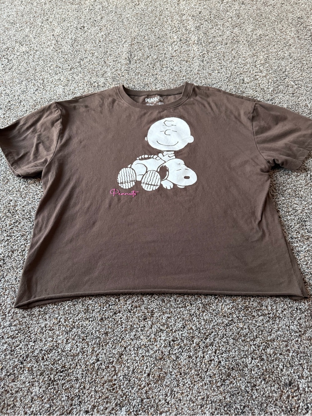 Peanuts Charlie Brown Snoopy XL Brown Oversized Cropped Graphic Tee Pink